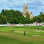 cricket match being played with back drop of Worcester cathedral